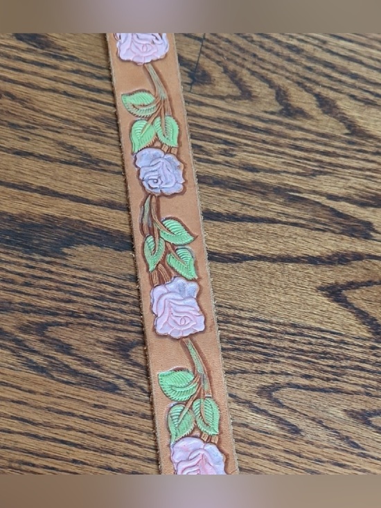ESCADA Collaboration Women’s Hand Painted Tan Leather Belt Metal Rose Buckle 32 main image 16